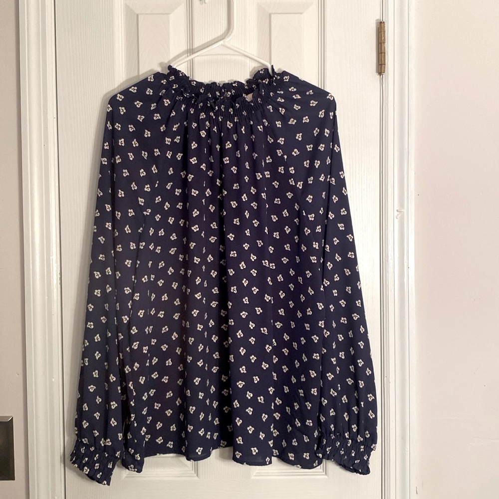 LOFT Navy and Cream Ruffle Blouse